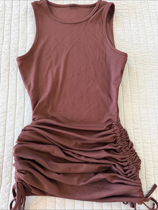 Dresses & Skirts - Sleeveless Ribbed Ruched Tank Dress - Mauve Brown